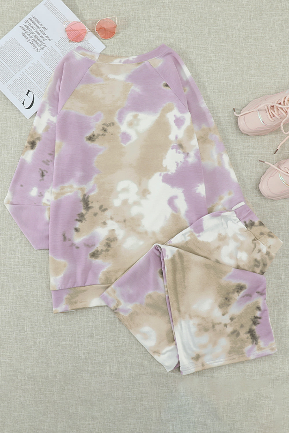 Tie-Dye Raglan Sleeve Top and Drawstring Pants Lounge Set