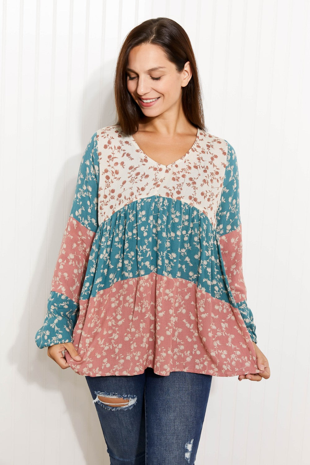 ODDI Full Size Contrast Floral Babydoll Blouse