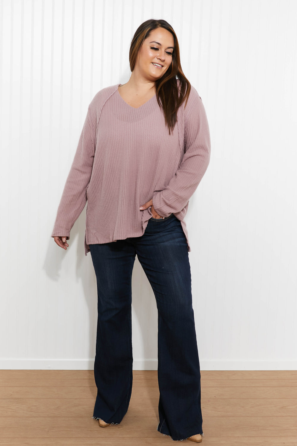 Jodifl Stay Awhile Full Size Run Waffle Knit Tee