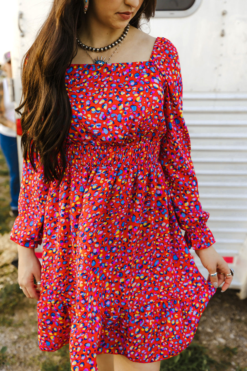 Printed Square Neck Flounce Sleeve Ruffle Hem Dress
