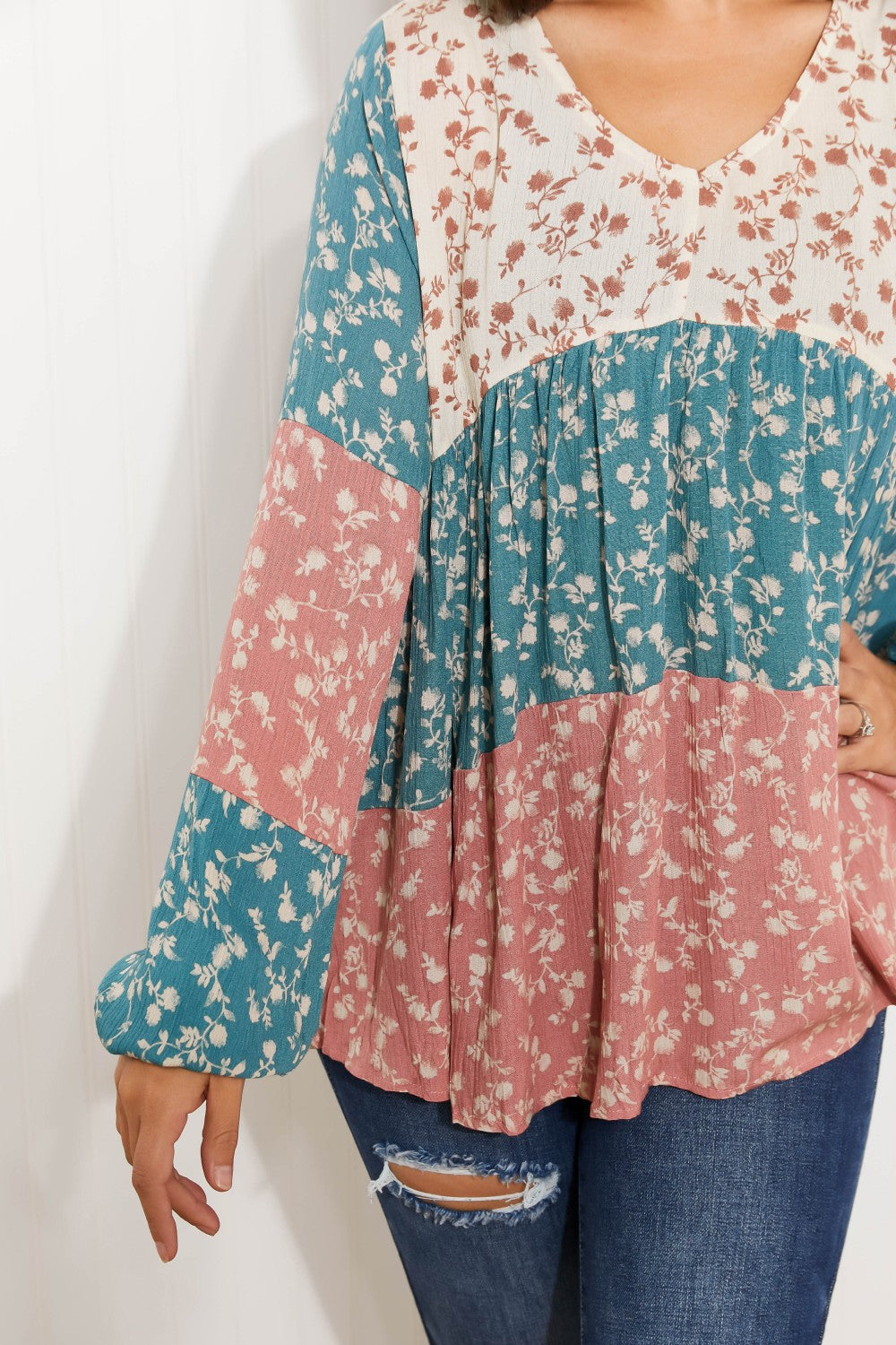 ODDI Full Size Contrast Floral Babydoll Blouse