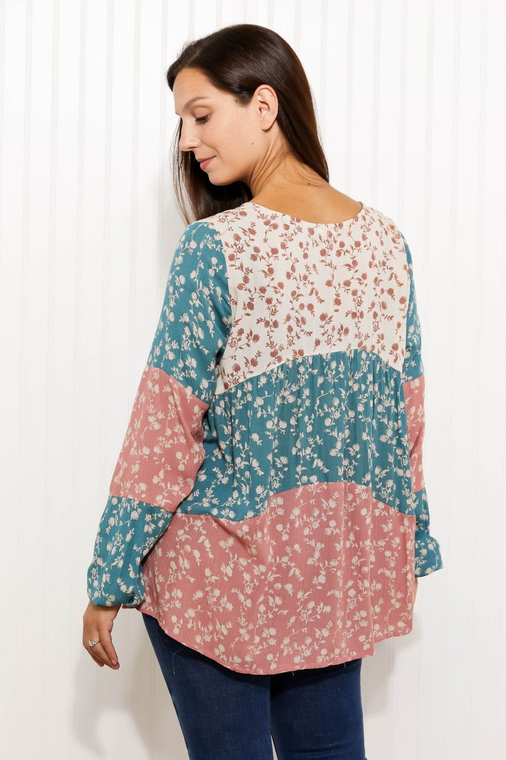 ODDI Full Size Contrast Floral Babydoll Blouse
