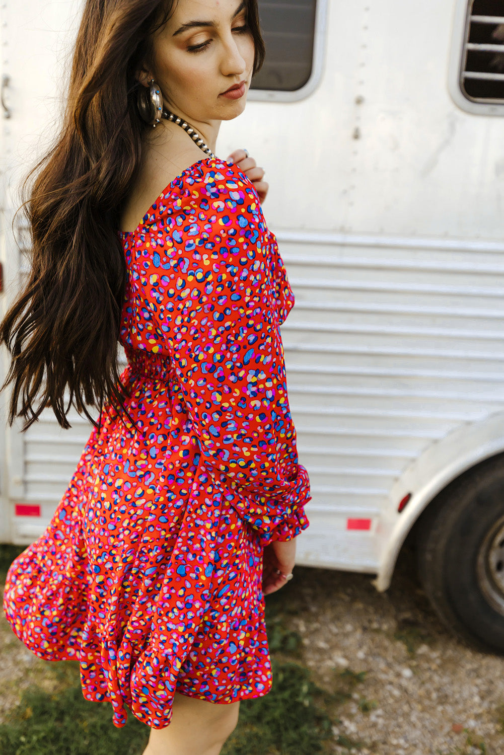 Printed Square Neck Flounce Sleeve Ruffle Hem Dress