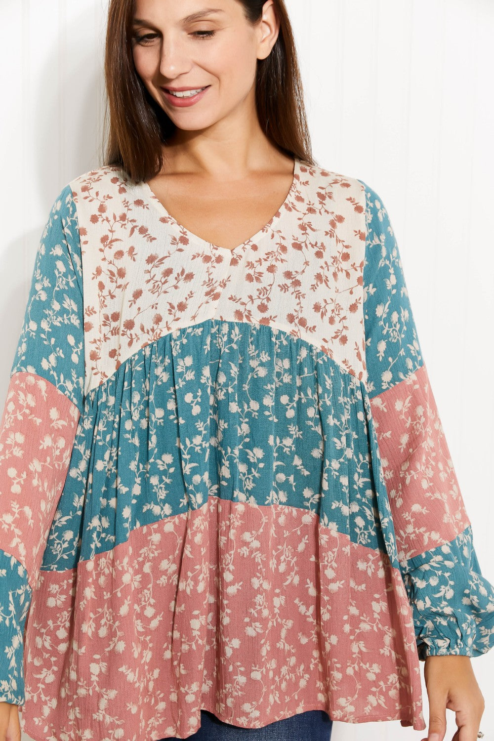 ODDI Full Size Contrast Floral Babydoll Blouse