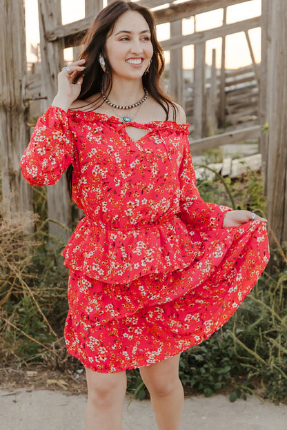 Floral Frill Trim Off-Shoulder Layered Dress