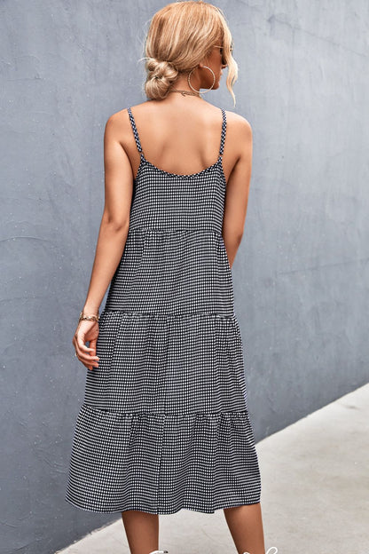 Plaid Spaghetti Strap Tiered Midi Dress