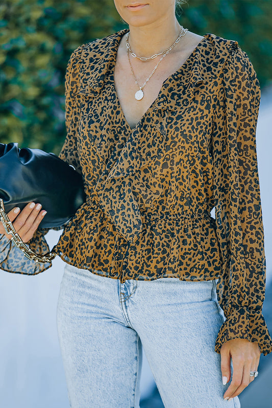 Leopard Ruffled V-Neck Peplum Blouse