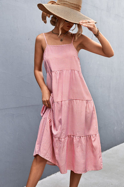 Plaid Spaghetti Strap Tiered Midi Dress