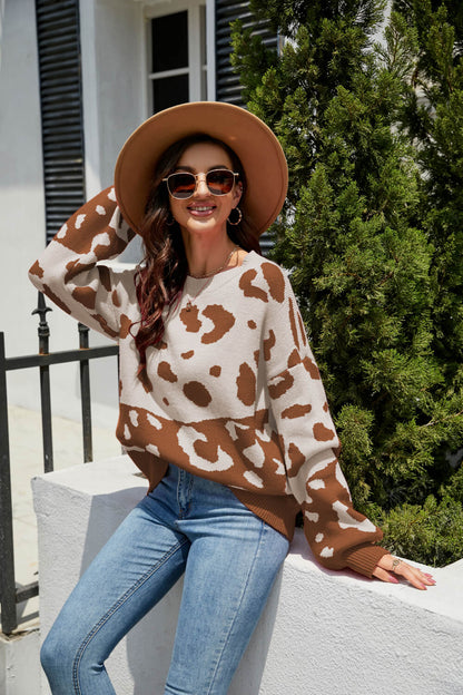 Leopard Ribbed Trim Dropped Shoulder Sweater