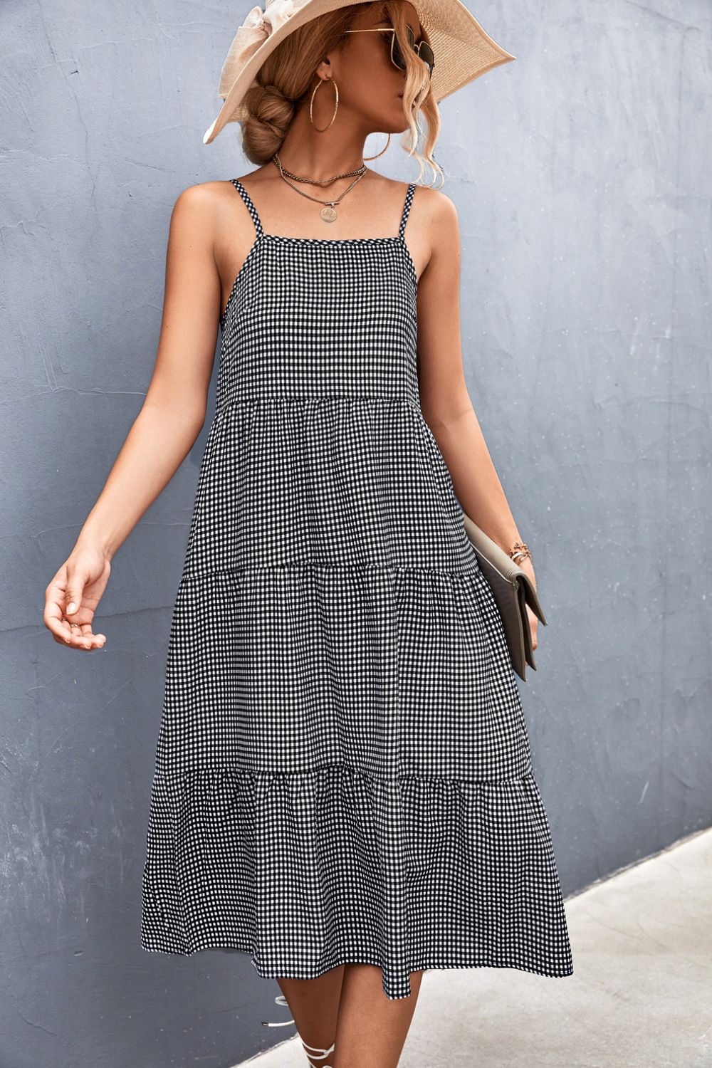 Plaid Spaghetti Strap Tiered Midi Dress