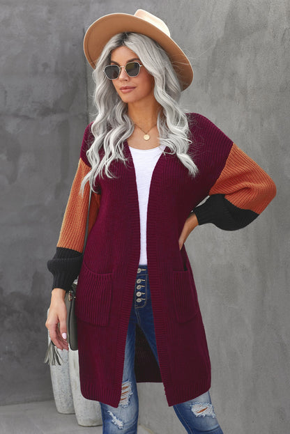 Color Block Rib-Knit Longline Cardigan with Front Pockets