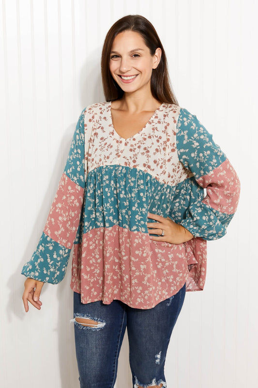 ODDI Full Size Contrast Floral Babydoll Blouse
