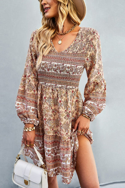 Bohemian V-Neck Balloon Sleeve Dress