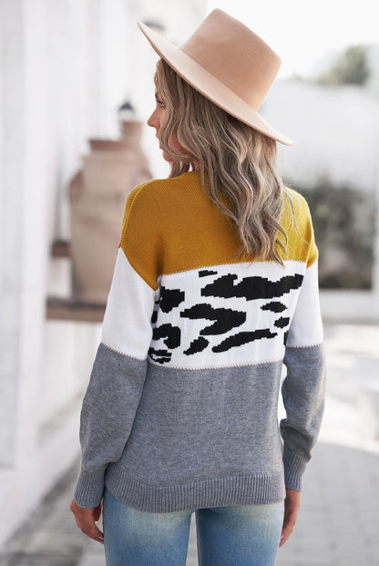 Leopard Color Block Ribbed Trim Dropped Shoulder Sweater