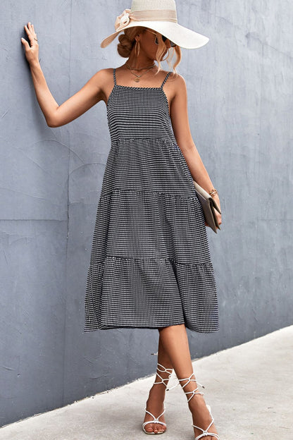 Plaid Spaghetti Strap Tiered Midi Dress