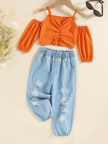 Kids Drawstring Cold-Shulder Top and Distressed Jeans Set