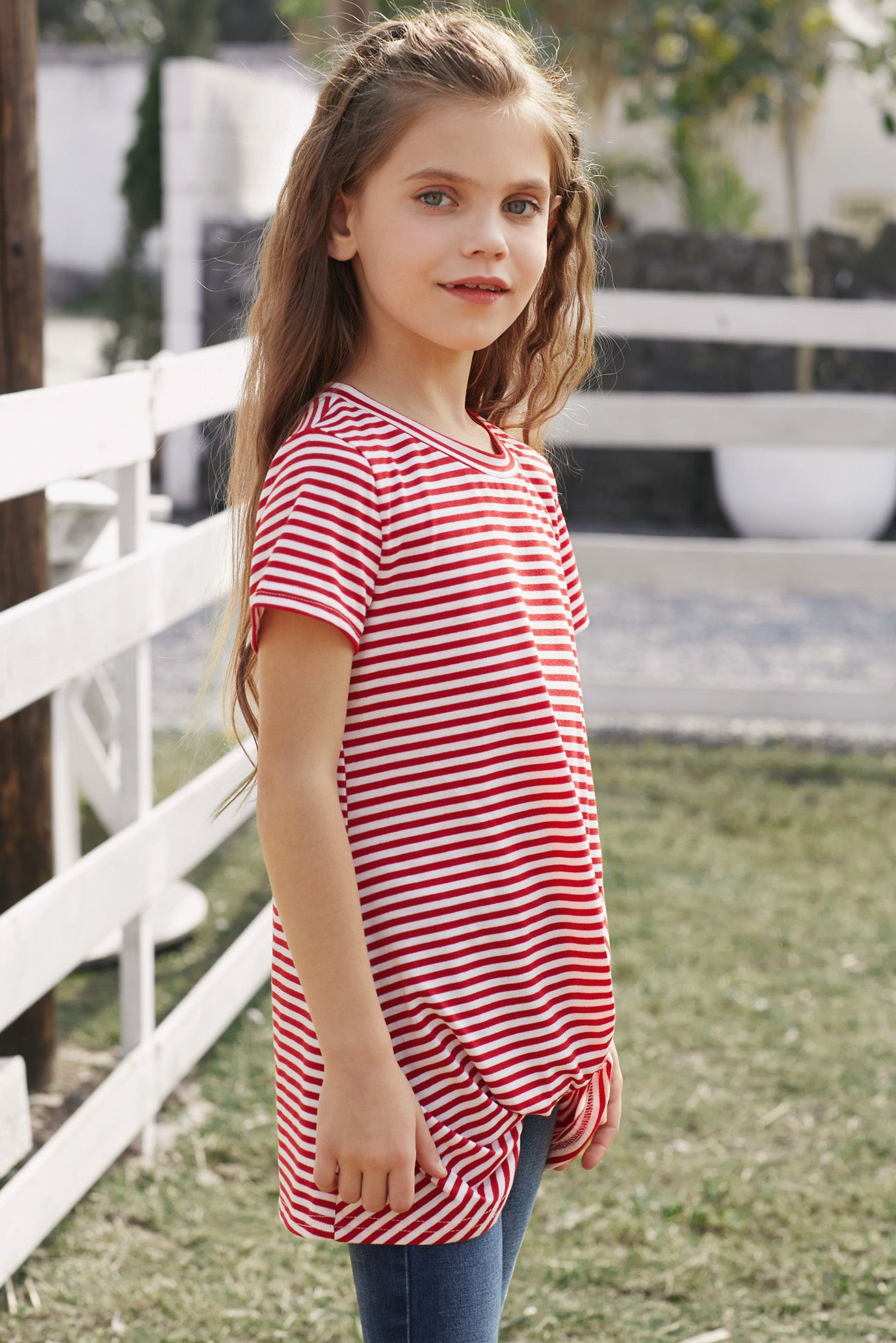 Girls Striped Round Neck Twisted Tee Shirt