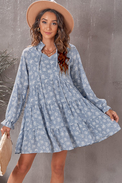 Floral Tie-Neck Flounce Sleeve Tiered Babydoll Dress