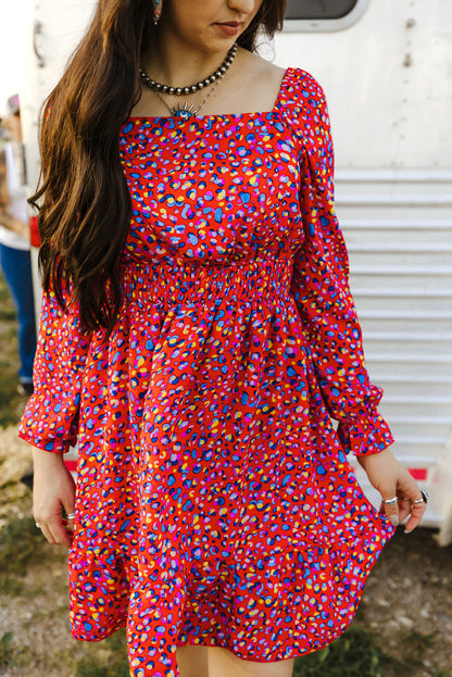 Printed Square Neck Flounce Sleeve Ruffle Hem Dress