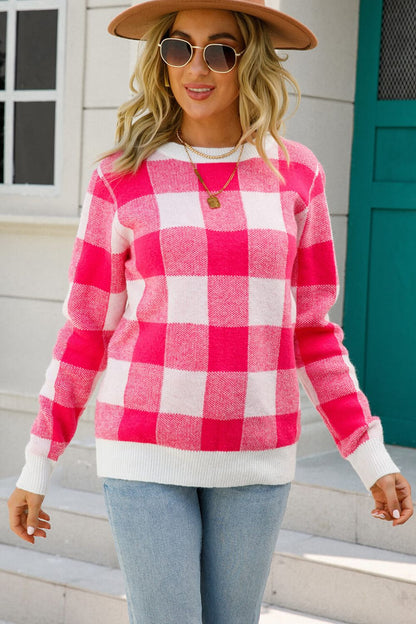 Checkered Ribbed Trim Knit Pullover