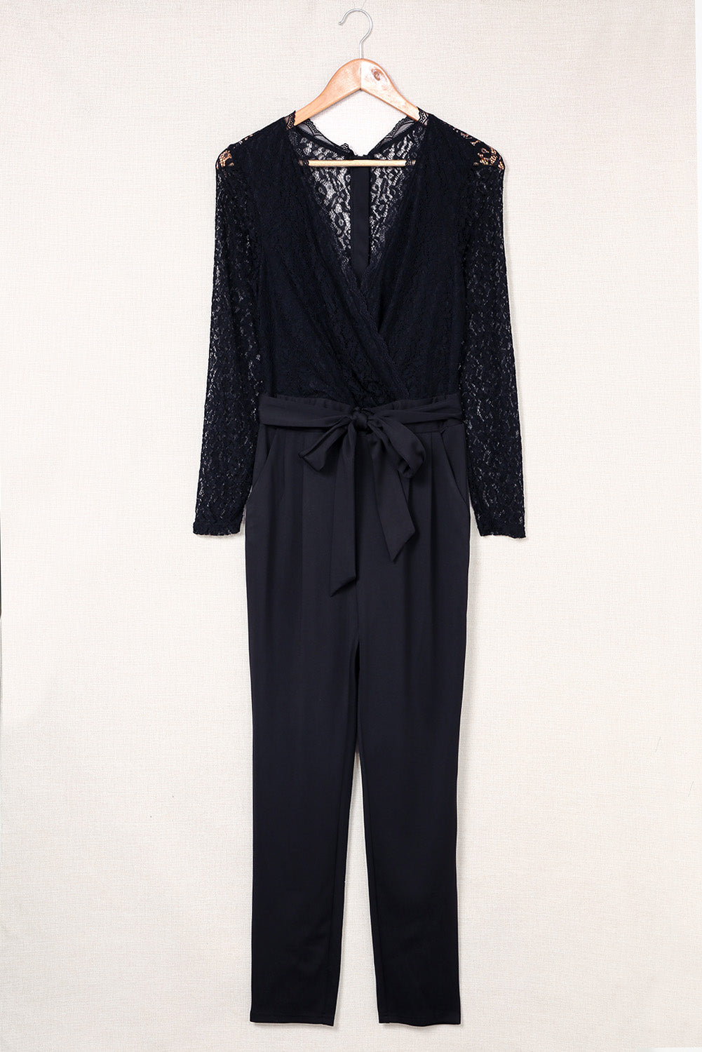 Spliced Lace Tie Waist Jumpsuit