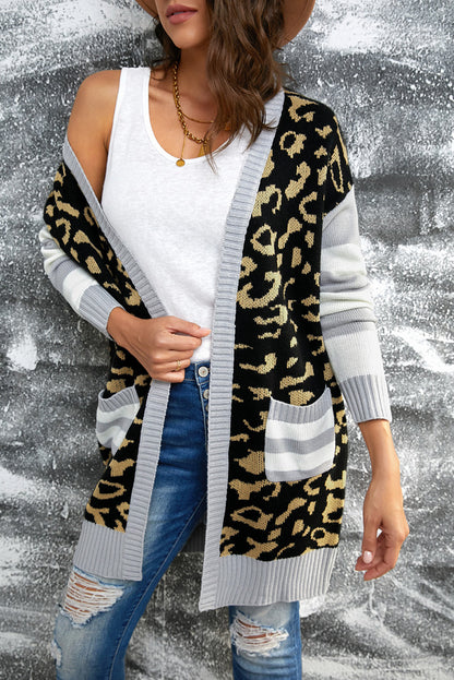 Leopard Print Striped Sleeve Open Front Longline Cardigan