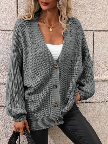 Button Down Horizontal-Ribbing Longline Cardigan