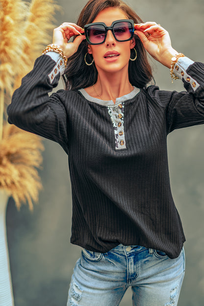 Contrast Ribbed Long Sleeve Henley Top