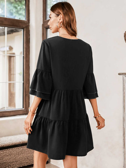 V-Neck Three-Quarter Flounce Sleeve Tiered Dress