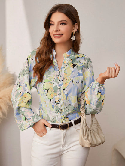 Floral Button Front Balloon Sleeve Shirt