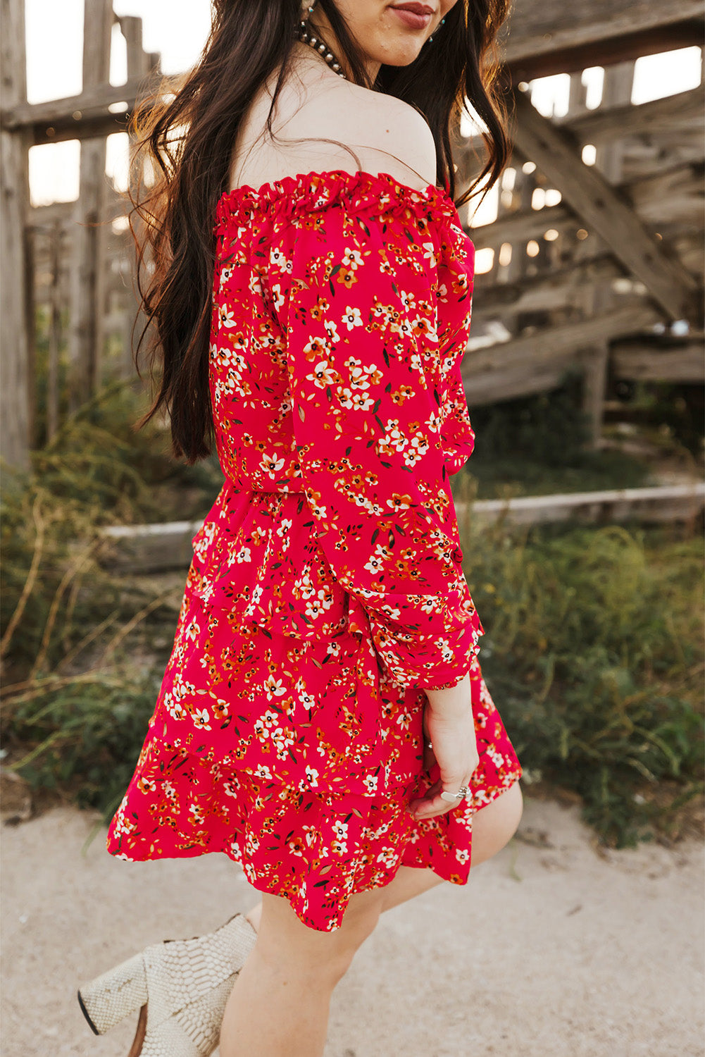 Floral Frill Trim Off-Shoulder Layered Dress